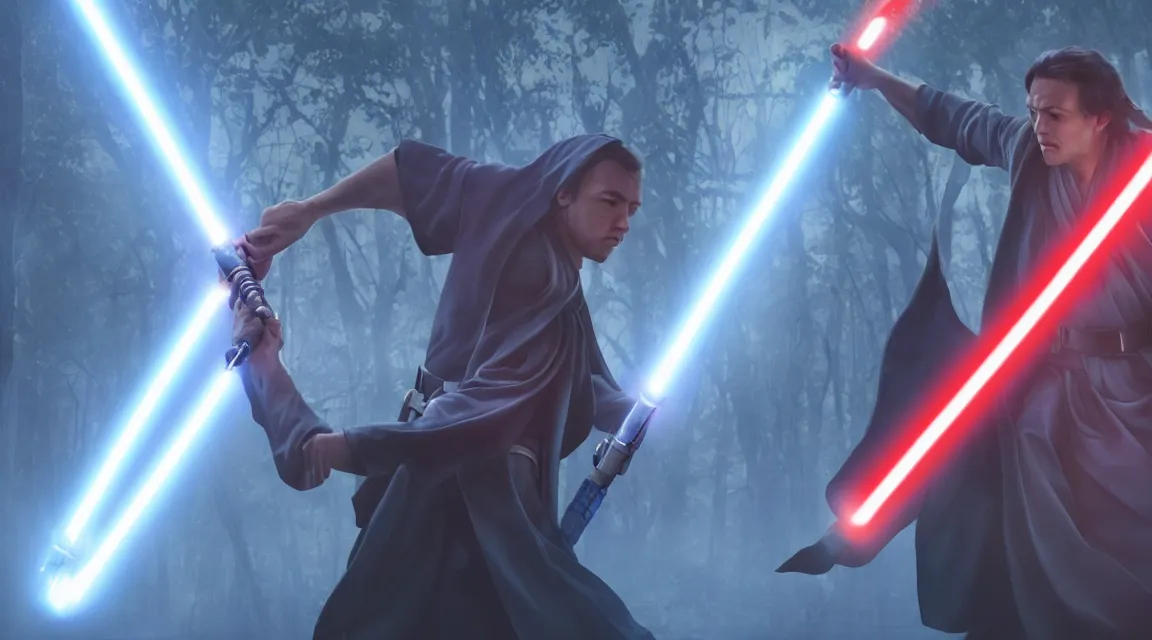 Prompt: Jedi master blue lightsaber vs fighting sith red lightsabers, forest background, Canon, 100mm, octane render, photorealistic, detailed, cinematic, 8k no blur, volumetric lightning