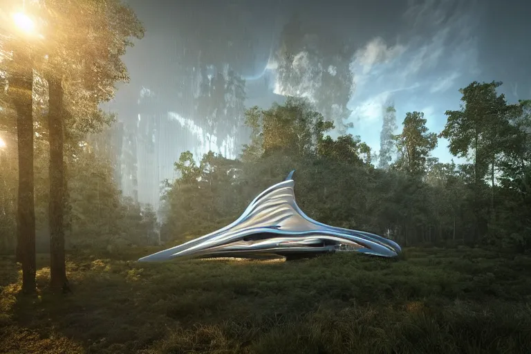 Image similar to extremely detailed sculpture designed by Zaha Hadid in a forest, stunning volumetric light, sunset, metal, concrete and translucent material, stunning skies, trending on Artstation, 8k, photorealistic, hyper detailed, unreal engine 5, IMAX quality, cinematic, epic lighting, in the style of Greg Rutkowski