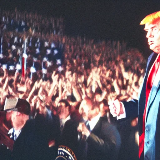 Prompt: photo of Donald Trump in the band Ghost, cinestill, 800t, 35mm, full-HD