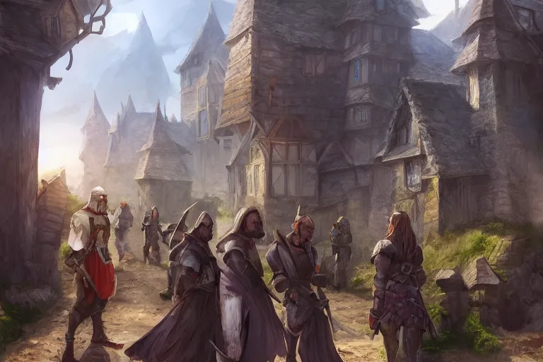 Image similar to A small medieval village, fantasy, D&D, concept art, sharp focus, trending on artstation, digital painting, people in frame, midday, sunny, beautiful, texture, wizards of the coast, tabletop, roleplay