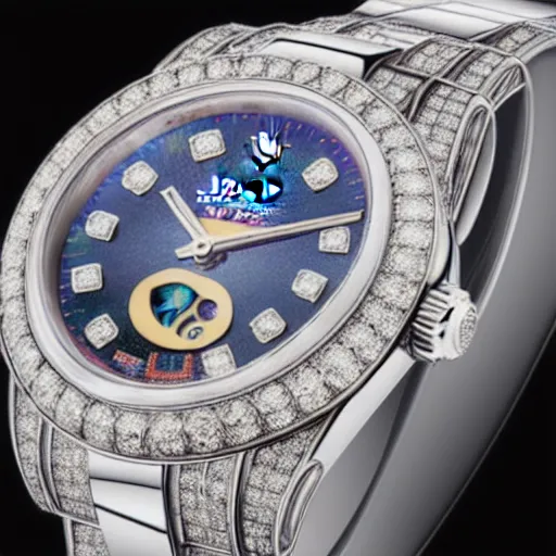 Image similar to futuristic rolex watch blinged out with gems from other worlds