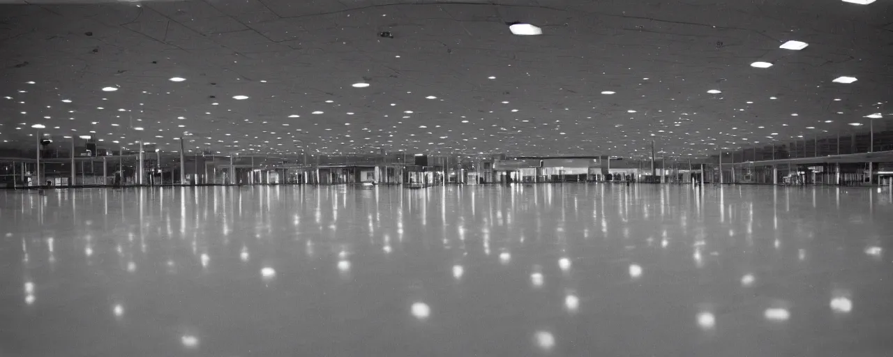 Image similar to the inside of an empty airport, late at night, eerie, 1 9 8 0 s