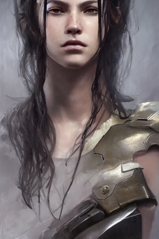 Prompt: a photorealistic painting of an attractive young girl, partially clothed in battle armor, olive skin, long dark hair, beautiful bone structure, symmetrical facial features, perfect eyes, intricate and elegant, digital painting, concept art, illustration, sharp focus, minimal artifacts, from Metal Gear, in the style of Ruan Jia and Mandy Jurgens, by Greg Rutkowski, trending on Artstation, award winning