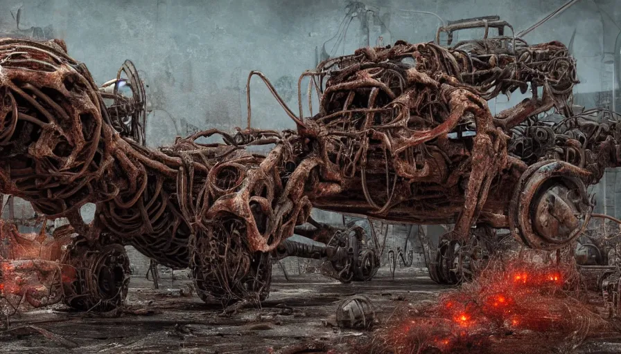 Prompt: Techno-biological rusty М50 Ontos consisting of tumors, meat, veins, bones, guts, kidneys, wires. Biopunk, body-horror, high detail, photorealism, full length view, very rust, concept art, octane render, 16k, 8k