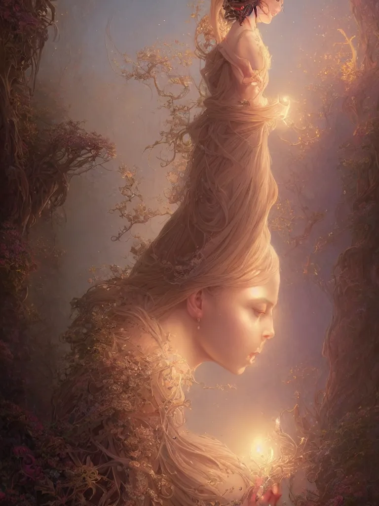 Image similar to highly detailed portrait of beautiful ethereal woman in ornate clothing, stephen bliss, unreal engine, fantasy art by greg rutkowski, loish, rhads, ferdinand knab, makoto shinkai and lois van baarle, ilya kuvshinov, rossdraws, tom bagshaw, global illumination, radiant light, detailed and intricate environment