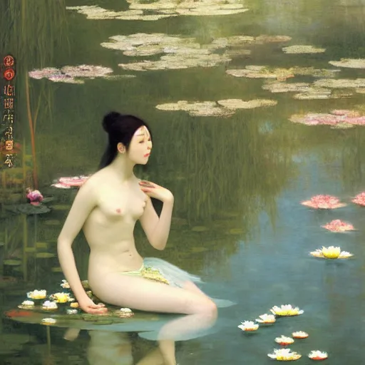 Image similar to a painting of a woman with greek white clothes floating in a pond of water lillies, a fine art painting, by liu jun, cgsociety, deviantart, pre - raphaelitism, figurative art, magical realism, detailed painting, made of flowers