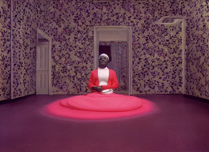 Prompt: octavia spence in a 1 9 6 0 s retro virtual utopia, psychological thriller film, annie leibovitz portrait photography, psychedelic cosmic horror, horror, wes anderson scene, wes anderson cinematography, atmospheric haze, film still, 1 6 mm cinematography. james jean