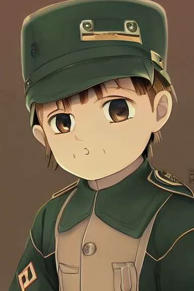 Image similar to beautiful little boy in nazi male uniform. made in abyss art style, sharps focus, cute detailed artwork, anatomically correct, ilya kuvshinov, reflection, perfect composition, wallpaper mobile, digital art, detailed anime soft face, symmetrical face, western comic, illustration, realistic, nazism, smooth, lois van baarle, gold ration, soft details