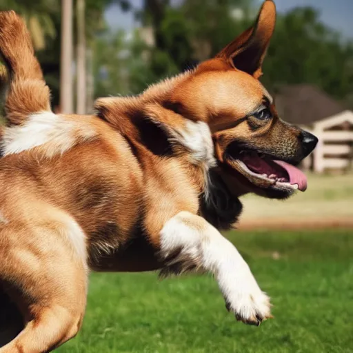 Image similar to a cute dog with the zoomies, movie still, 8 k