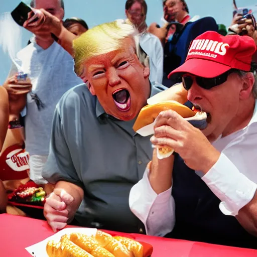 Prompt: Donald Trump eating a hotdog at the Ohio State Fair, Pulitzer Prize winning photograph