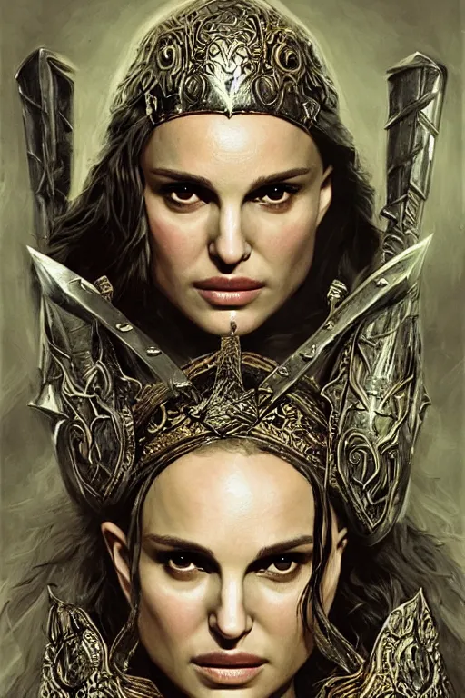 Image similar to natalie portman, legendary warrior, heroic, lord of the rings, tattoos, decorative ornaments, battle armor, by omar ortiz, valeri tsvetkov, carl spitzweg, ismail inceoglu, vdragan bibin, hans thoma, greg rutkowski, alexandros pyromallis, perfect face, fine details, realistic shading photorealism