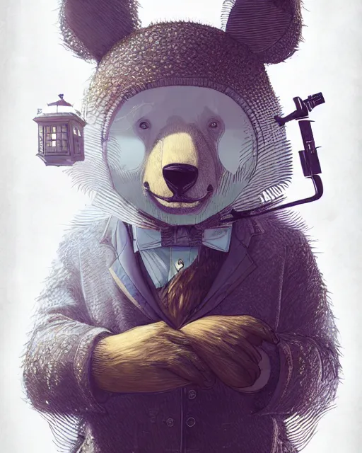 Image similar to anthropomorphic art of a detective bear in tardis, victorian inspired clothing by artgerm, victo ngai, ryohei hase, artstation. fractal papersand books. highly detailed digital painting, smooth, global illumination, fantasy art by greg rutkowsky, karl spitzweg