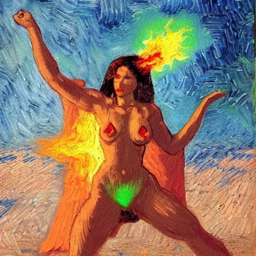Image similar to a tarot card with green fire. attractive bikini babes made of fire dance around a masculine figure made of death. oil painting with a decorative border, 3 x 5 in size, in the style of van gogh