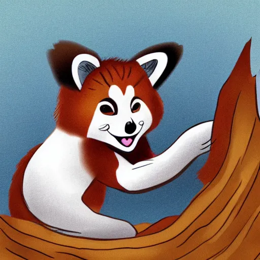 Image similar to cute cartoon drawing of a female anthro red panda waking up from bed yawning and stretching, trending on artstation