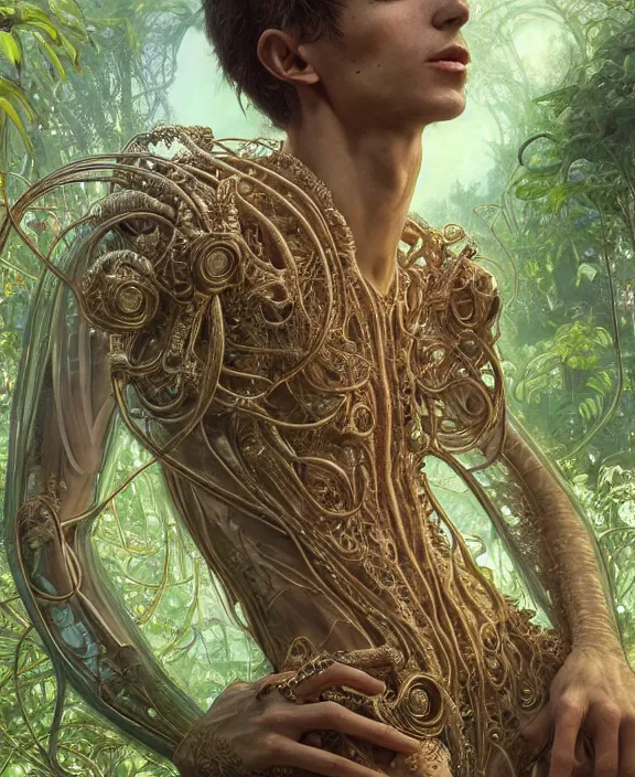 Image similar to intricate ornate opulent transparent clear see - through portrait of a stunning beautiful skinny male alien centipede, mottled coloring, adorable, childlike, overgrown jungle environment, ultra realistic, concept art, art nouveau, photorealistic, octane render, 8 k, unreal engine. art by christopher marley and artgerm and greg rutkowski and alphonse mucha