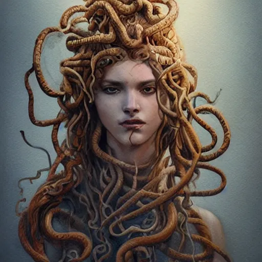 Image similar to full body sketch of a beautiful young medusa with hair made of snakes, perfect anatomy, full body, watercolor background, pencil art, ink and pencil, hyperrealistic, hyperdetailled, digital art, greg rutkowski, artstation, 8 k, beautiful drawing, paper texture, spray paint, watercolors