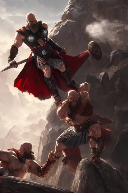 Image similar to kratos vs thor in valhalla, highly detailed, digital painting, artstation, concept art, smooth, sharp focus, illustration, unreal engine 5, 8 k, art by artgerm and greg rutkowski and edgar maxence