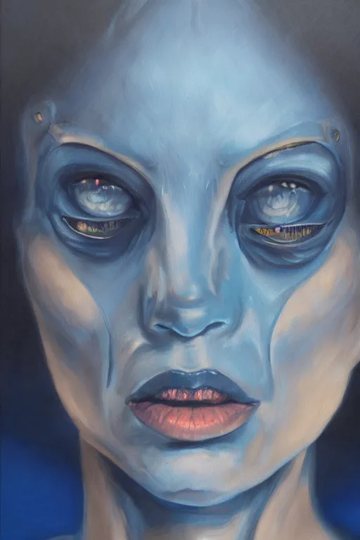 Image similar to oil painting, close-up hight detailed portrait of blue woman cyborg in style of 80s sci-fi art