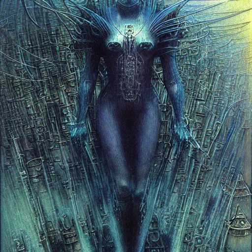 Prompt: cyberpunk dreaming in a a gigeresque world by jean delville by luis royo and wayne barlowe, beksinski