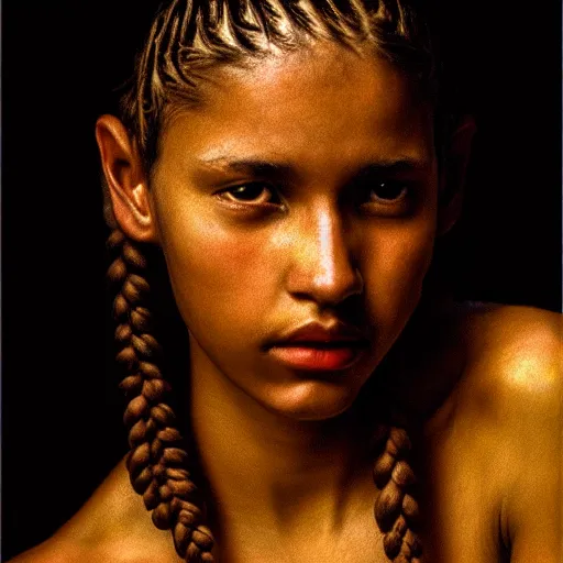 Prompt: beautiful woman with soft skin, cornrows, 8K artistic photography, photorealistic, chiaroscuro, by Steve Mccurry, Joey L, Raphael, Caravaggio