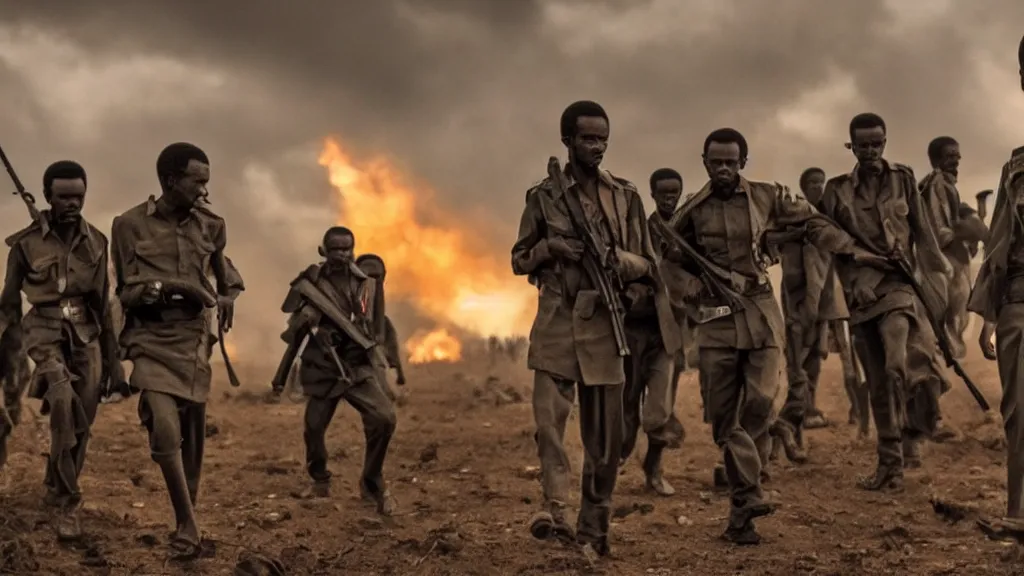 Prompt: Ethiopian civil war, moody, dark, movie scene, hd, 4k, wide shot