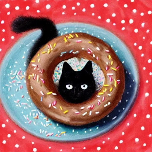 Image similar to a black cat eating a sprinkled donut, highly detailed, beautiful