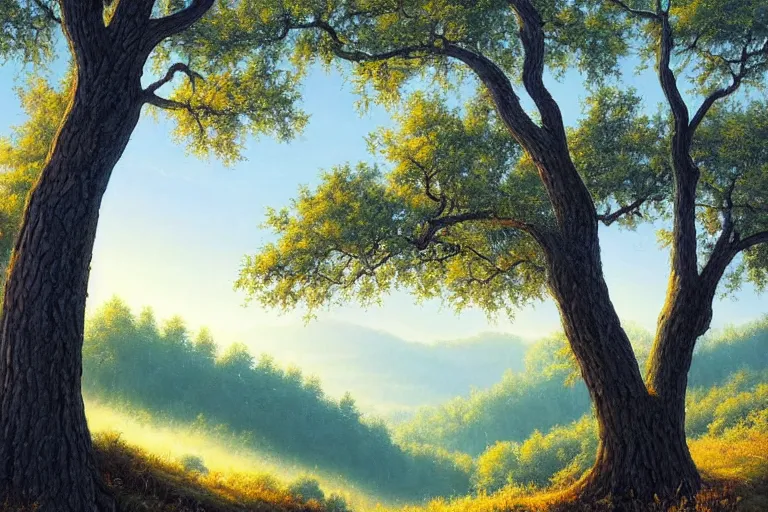 Prompt: masterpiece painting of oak trees on a hillside overlooking a creek, dramatic lighting, by sylvain sarrailh