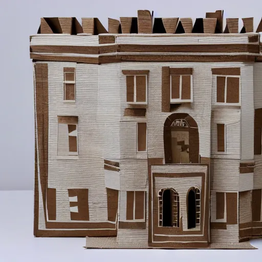 Image similar to white house made of brown cardboard, photographic box fort, hyperdetailed