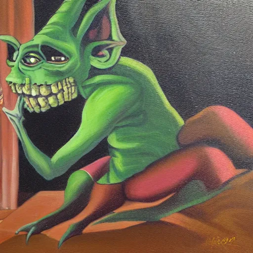 Prompt: a painting of a goblin in a suburban neighborhood, at night