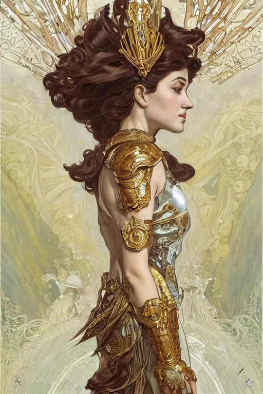 Prompt: full body portrait of a queen wearing white armor with ornate bronze and gold, white gossamer wings, art nouveau, profile, 4K, character concept art, digital painting, illustration, oil painting, trending in artstation, cgsociety, by nekro, Alphonse Mucha, Artgerm, Greg Rutkowski, Brom and Magali Villeneuve, William-Adolphe Bouguereau