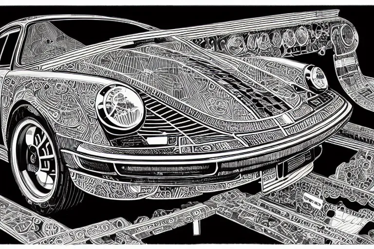 Prompt: a black and white drawing of a porsche 9 1 1 reimagined by singer, a detailed mixed media collage by hiroki tsukuda and eduardo paolozzi and moebius, intricate linework, sketchbook psychedelic doodle comic drawing, geometric, street art, polycount, deconstructivism, matte drawing, academic art, constructivism