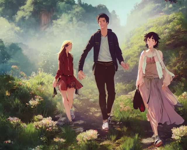 Prompt: a cinematic boy girl traditional romance moment of a group of university friends hiking wearing boho clothing and peonies, full body illustration,bestselling movie art poster, official media, 1970s fashion, official anime media, incredible art by artgerm and greg rutkowski and doja cat