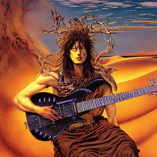 Prompt: realistic detailed image of guitar player god fire driving in the desert, insane, by Ayami Kojima, Amano, Karol Bak, Greg Hildebrandt, and Mark Brooks, Neo-Gothic, gothic, rich deep colors. Beksinski painting, part by Adrian Ghenie and Gerhard Richter. art by Takato Yamamoto. masterpiece