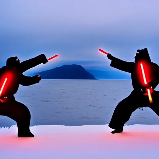 Prompt: kodiak bears kung - fu fighting with lightsabers on a lakefront, dusk,