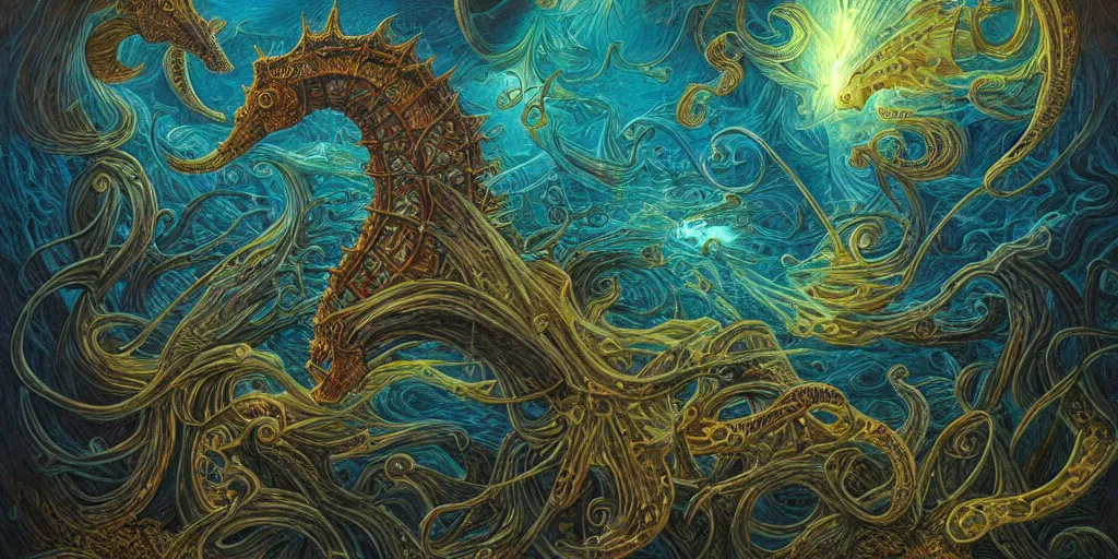 Image similar to bioluminescent seahorse by dan seagrave art