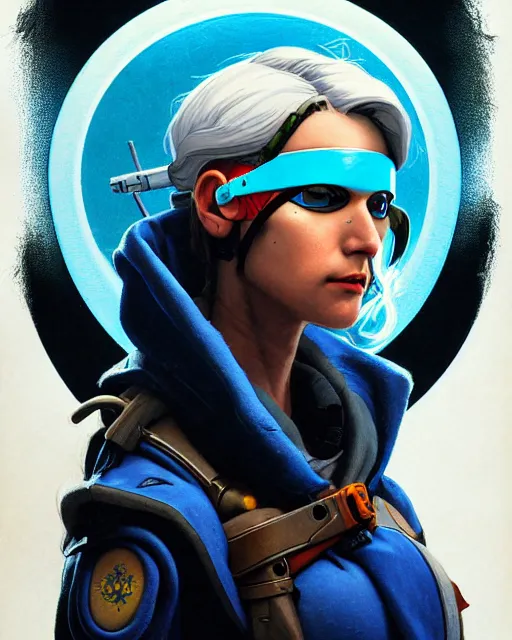 Image similar to ana from overwatch, eye patch, white hair, hooded blue cloak, character portrait, portrait, close up, concept art, intricate details, highly detailed, vintage sci - fi poster, in the style of chris foss, rodger dean, moebius, michael whelan, and gustave dore