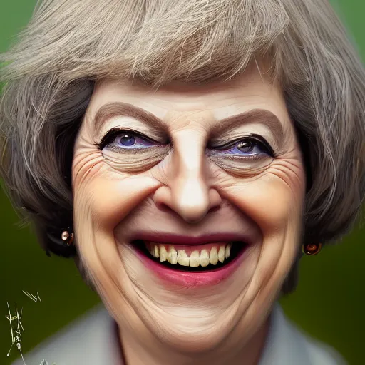 Image similar to highly detailed close up portrait of a laughing Theresa May ((Theresa May)) by Ruan Jia and Mandy Jurgens and Artgerm and William-Adolphe Bouguerea, 4k resolution, misty happy color scheme!!! ((field of wheat background))