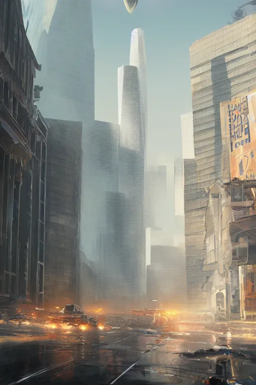 Image similar to Downtown Los Angeles being visited by a large UFO, an epic painting, glinting metal, volumetric lighting, intricate, elegant, highly detailed, digital painting, artstation, concept art, smooth, sharp focus, art by Maciej Kuciara