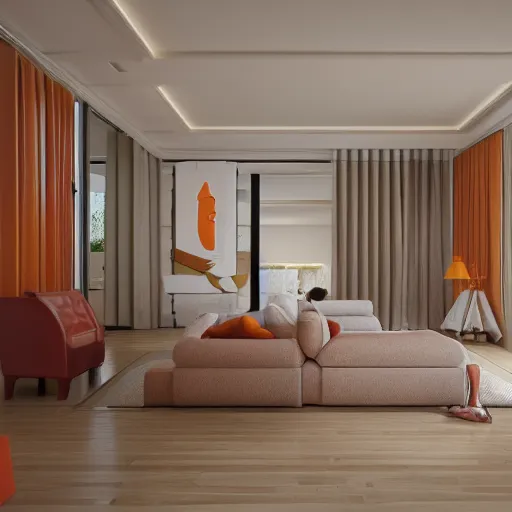 Image similar to interior design of a summer villa, orange and light brown color scheme, vivid lighting, photorealist, 4 k