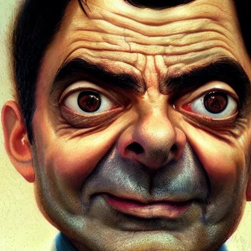 Image similar to hyper realistic, close up portrait of mr. bean by greg rutkowski, scott m fischer, artgerm, loish, slight glow, atmospheric