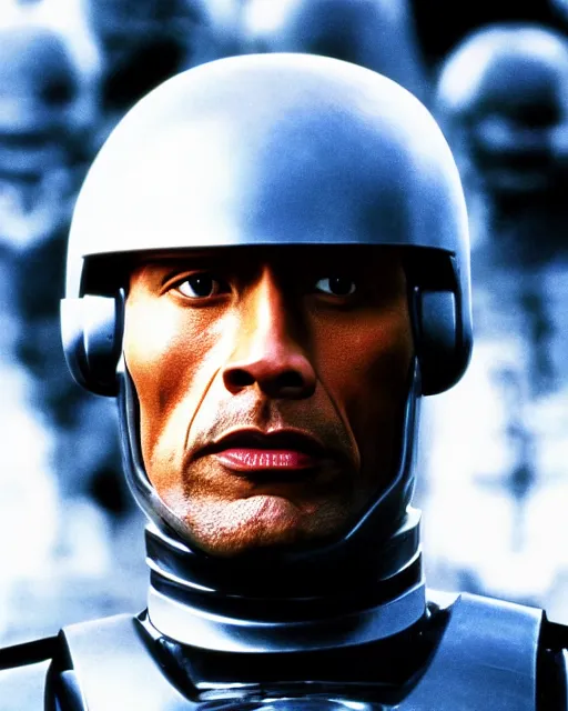 Image similar to film still close - up shot of dwayne johnson as robocop from the movie robocop. photographic, photography