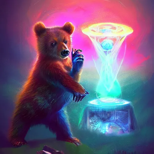 Prompt: a beautiful colorful interesting detailed sci-fi fantasy scene of a bear cub wearing a backpack going through a swirling mystical time portal to Wonderland , magic the gathering, Marc Simonetti and Anato Finnstark, neon pastel color palette, vibrant 8k rendering, concept art, trending on artstation HQ