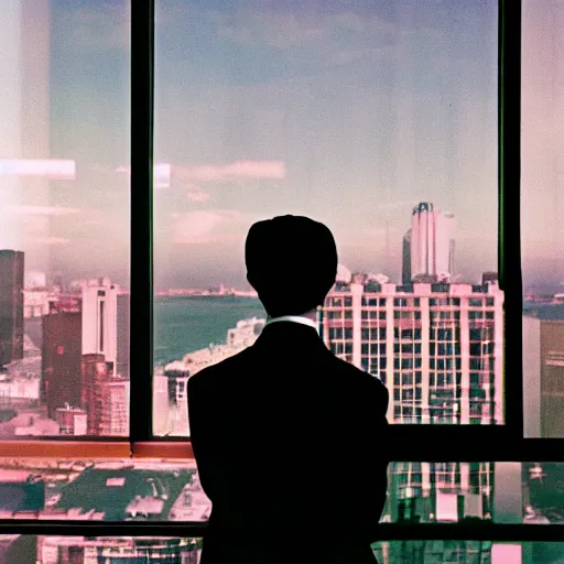 Image similar to a cat wearing a suit, looking out at a skyline from a penthouse suite, cinestill 800t,