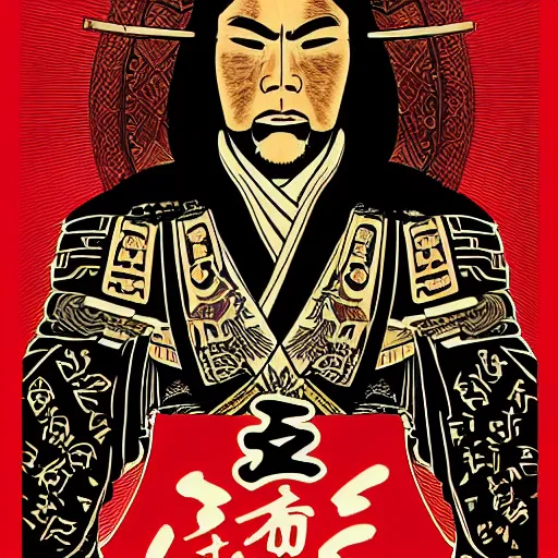 Prompt: an epic detailed political poster of a Japanese samurai in a temple, with Japanese text, in the style of a playing card, high quality, 4k, by Shepard Fairey