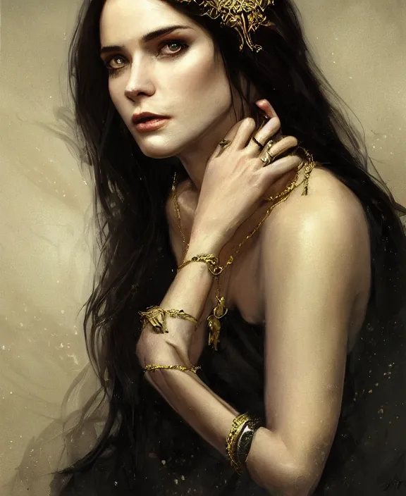 Prompt: masterpiece concept art of a beautiful brunette woman with pale skin and a necklace on her neck seated on an intricate shadow throne, a beautiful highly detailed fae lady, extremly emotional, cinematic moody colors, realistic shaded lighting poster by ilya kuvshinov, magali villeneuve, artgerm, jeremy lipkin and michael garmash and rob rey