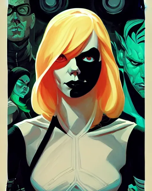 Prompt: rafael albuquerque comic art, peter mohrbacher, phil noto, artgerm, pretty emma stone gwen stacy venom, symmetrical eyes, long blonde hair