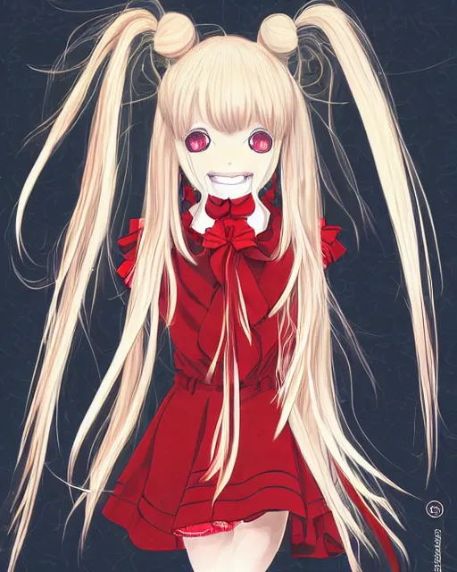 Image similar to illustration of a blonde twintails hair with ribbons anime girl with red eyes in the style of studio ghibli, ayami kojima, akihiko yoshida and 90's anime