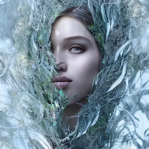 Image similar to a highly detailed ethereal full body digital image of a silver covered elegantly posed futuristic woman beautifully cocooned in chromatic leafy foliage like leaves shot, full body shot, by Andrew Chiampo, artstation, and Frederik Heyman, extremely detailed woman, stunning volumetric lighting, intricate details, hyper realism, fantasy, textured, stylized, 4k,