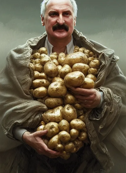 Prompt: lukashenko covered in potatoes, portrait, intricate, elegant, highly detailed, digital painting, artstation, concept art, wallpaper, smooth, sharp focus, illustration, art by h. r. giger and artgerm and greg rutkowski and alphonse mucha