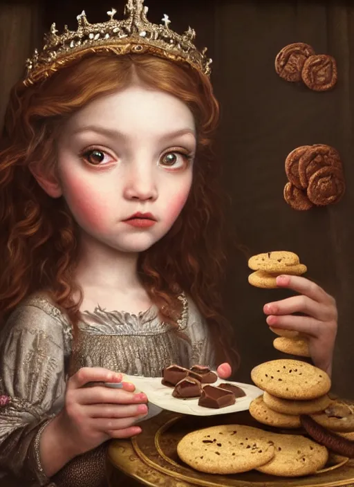 Image similar to highly detailed closeup portrait of a fairytale medieval princess eating chocolate cookies, unreal engine, nicoletta ceccoli, mark ryden, lostfish, earl norem, global illumination, god rays, detailed and intricate environment